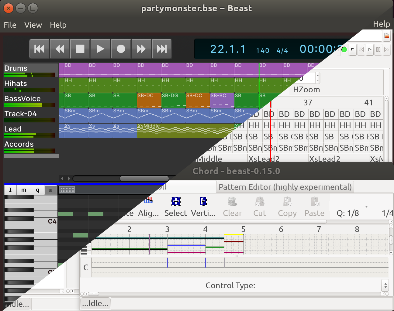 EBeast UI in the upper left vs. the original Beast-Gtk+ UI in the lower right